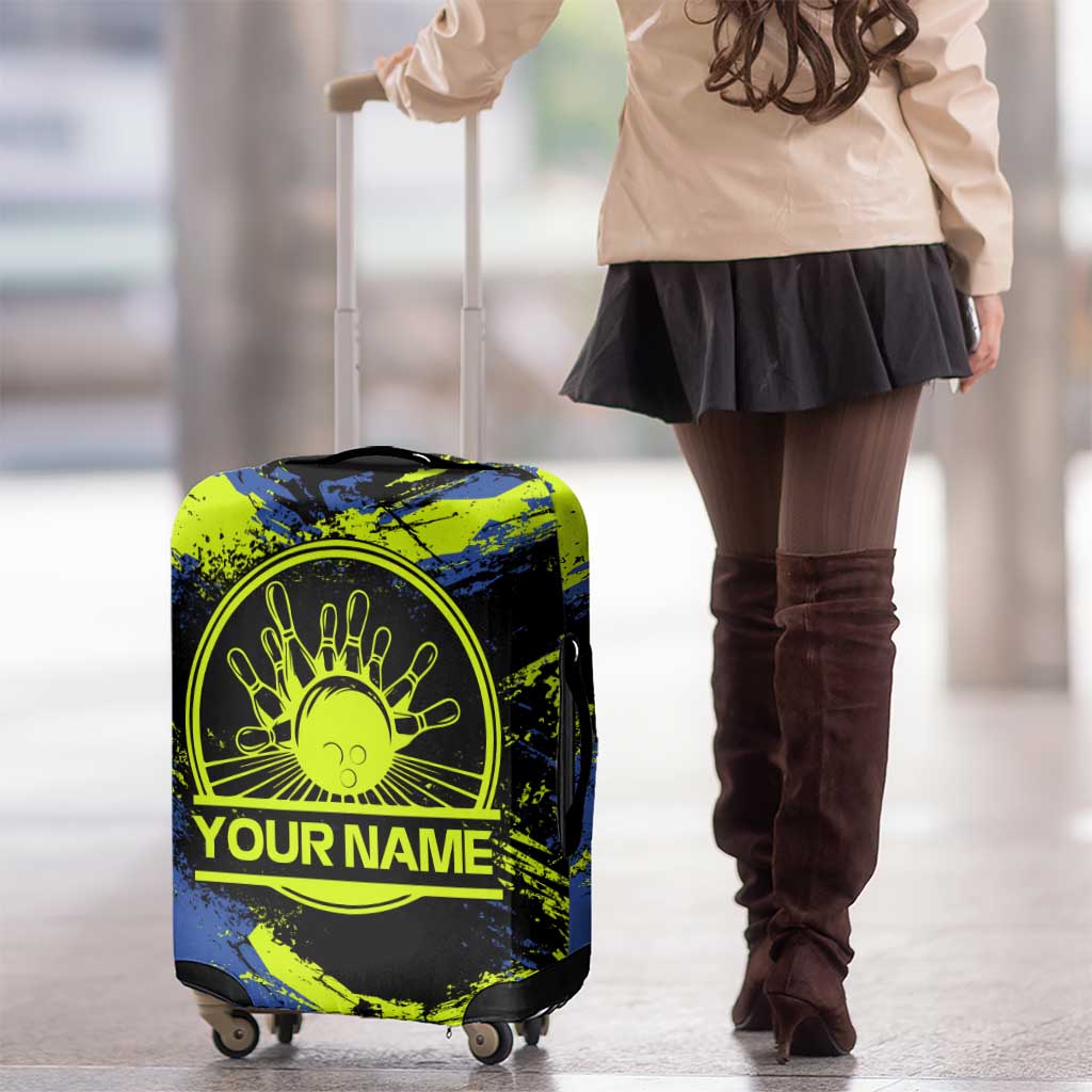 Abstract Blue and Yellow Bowling Ball Strike Design Luggage Cover with Custom Name Print TS04