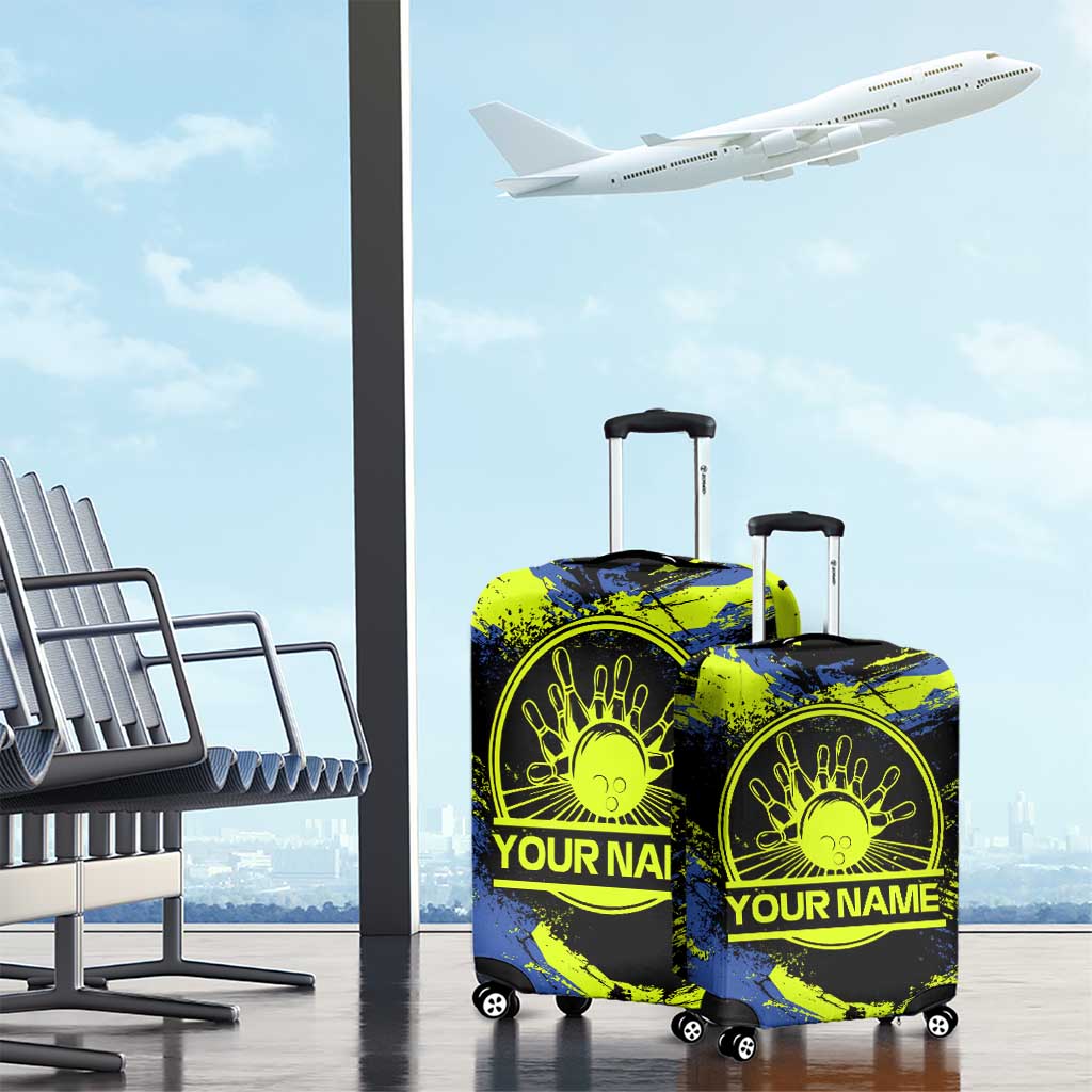 Abstract Blue and Yellow Bowling Ball Strike Design Luggage Cover with Custom Name Print TS04