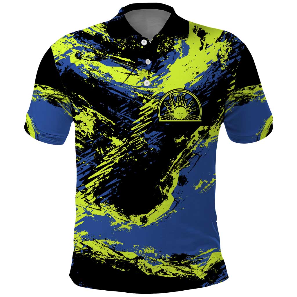 Abstract Blue and Yellow Bowling Ball Strike Design Polo Shirt with Custom Name Print TS04