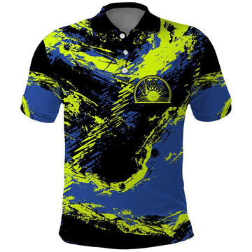 Abstract Blue and Yellow Bowling Ball Strike Design Polo Shirt with Custom Name Print TS04
