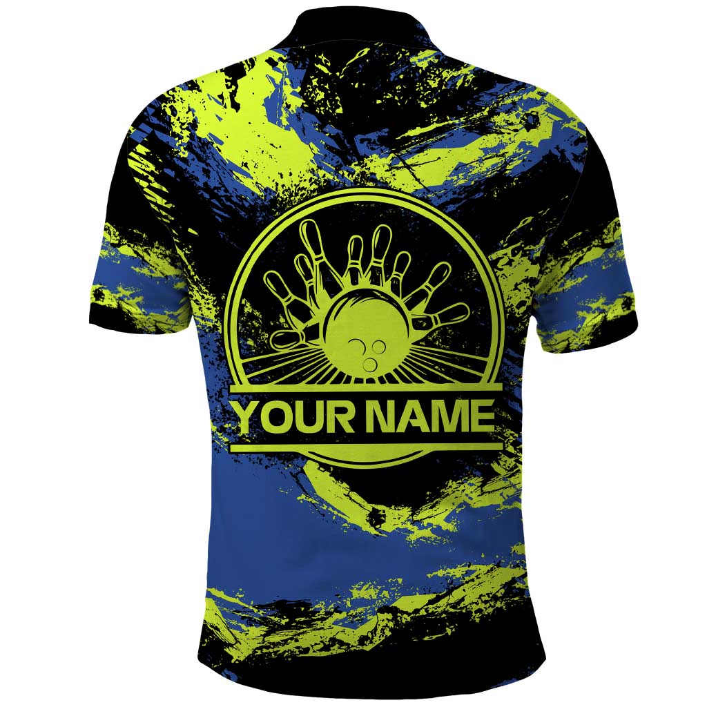 Abstract Blue and Yellow Bowling Ball Strike Design Polo Shirt with Custom Name Print TS04