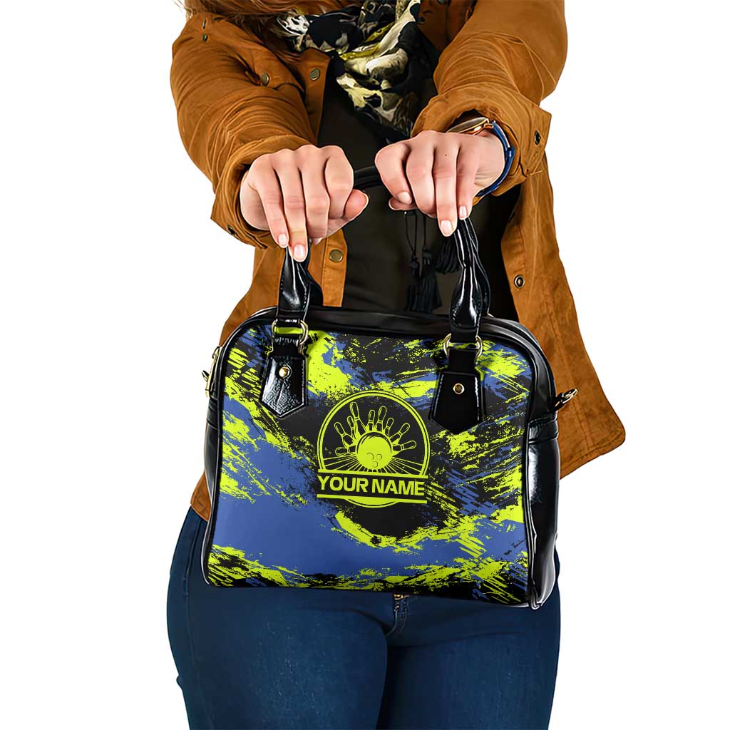 Abstract Blue and Yellow Bowling Ball Strike Design Shoulder Handbag with Custom Name Print TS04