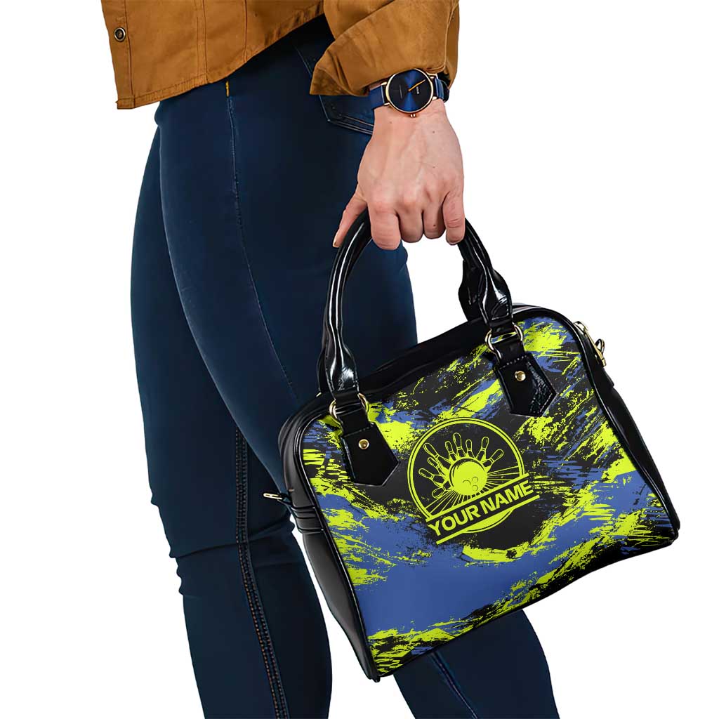 Abstract Blue and Yellow Bowling Ball Strike Design Shoulder Handbag with Custom Name Print TS04