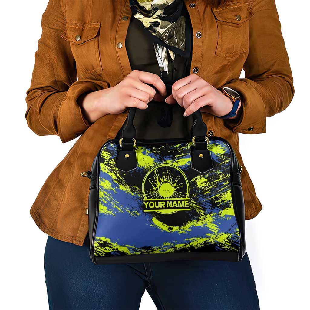 Abstract Blue and Yellow Bowling Ball Strike Design Shoulder Handbag with Custom Name Print TS04