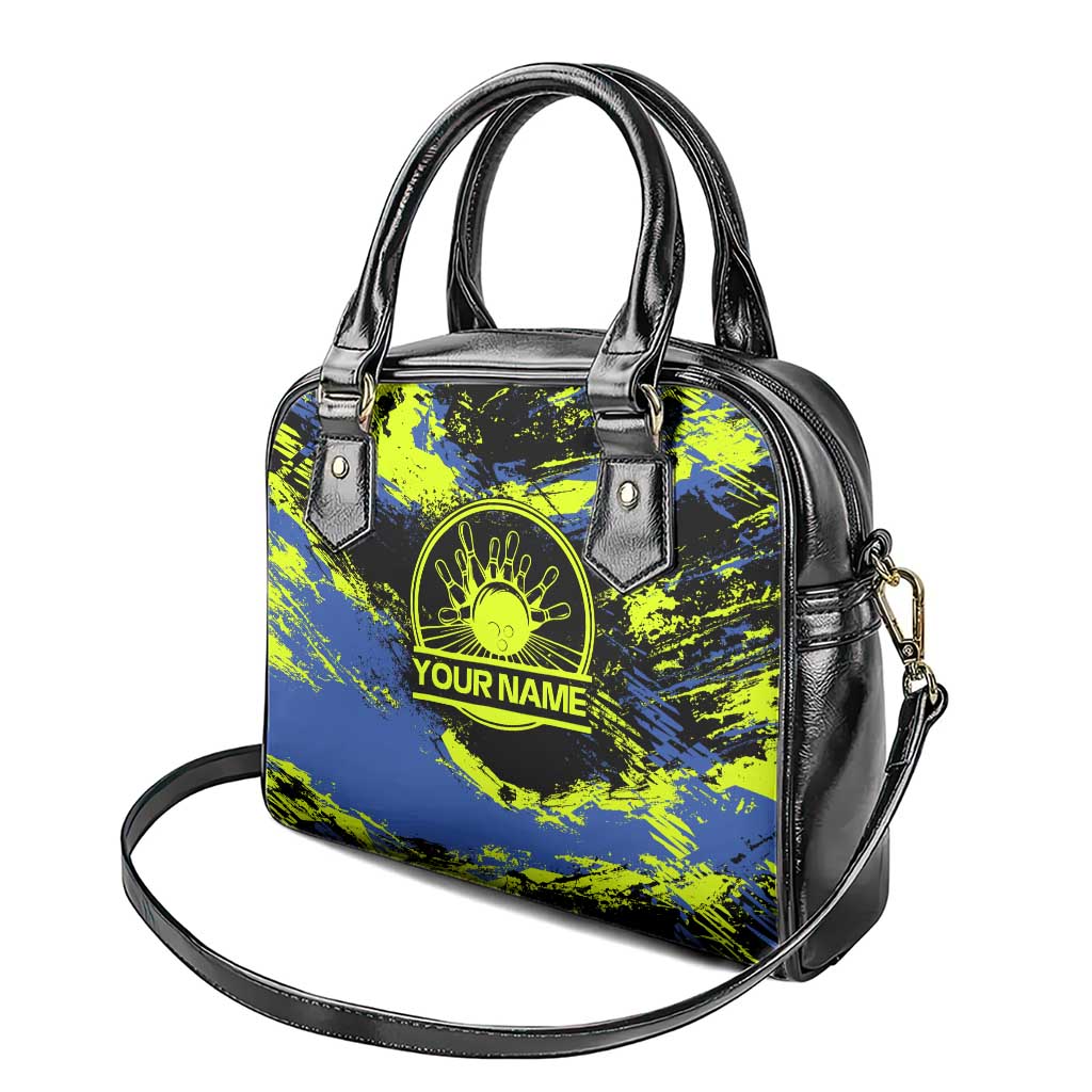 Abstract Blue and Yellow Bowling Ball Strike Design Shoulder Handbag with Custom Name Print TS04