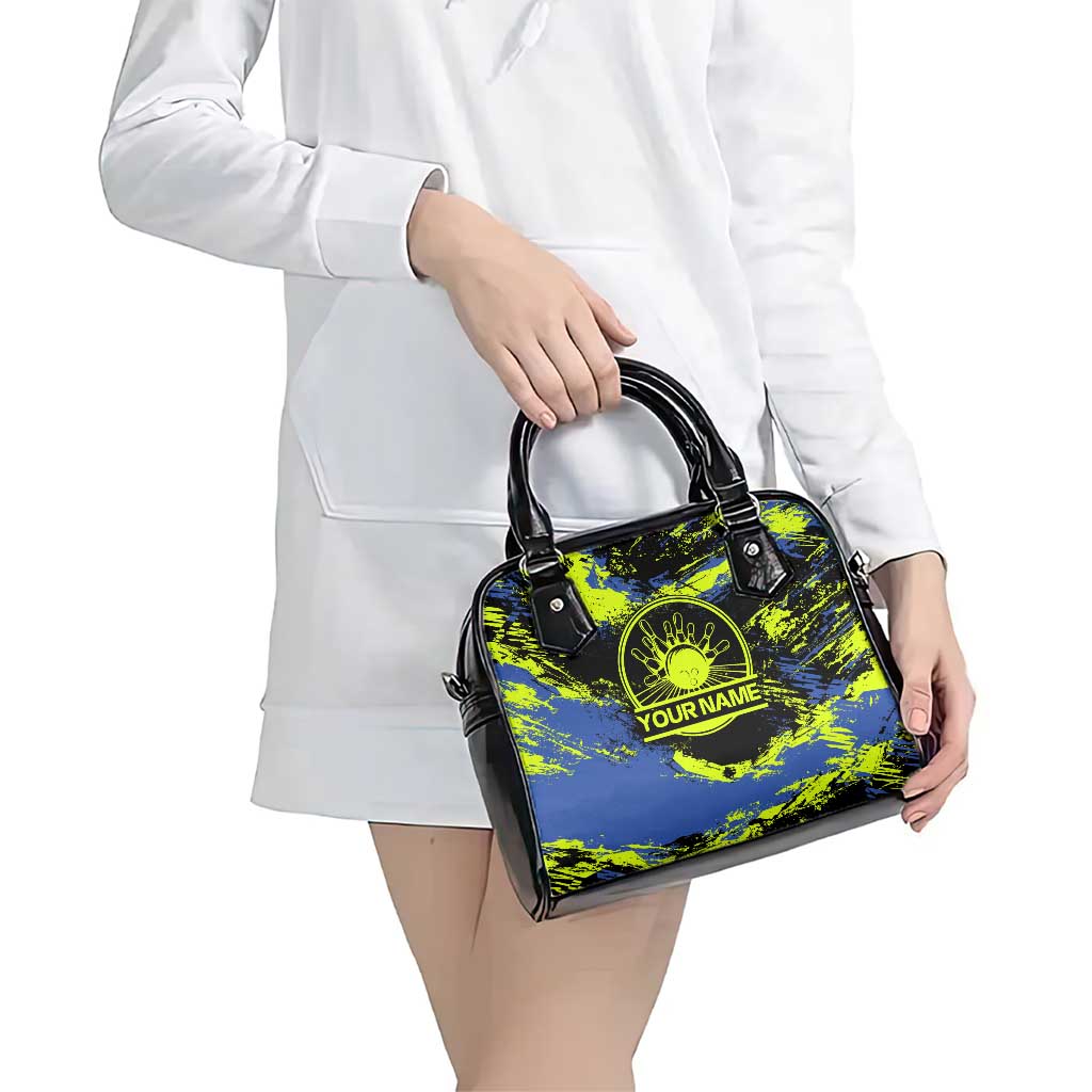 Abstract Blue and Yellow Bowling Ball Strike Design Shoulder Handbag with Custom Name Print TS04