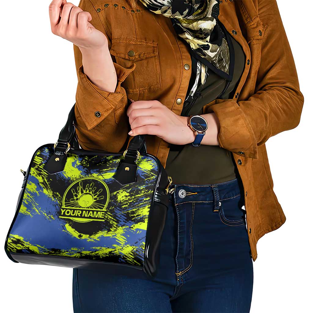 Abstract Blue and Yellow Bowling Ball Strike Design Shoulder Handbag with Custom Name Print TS04