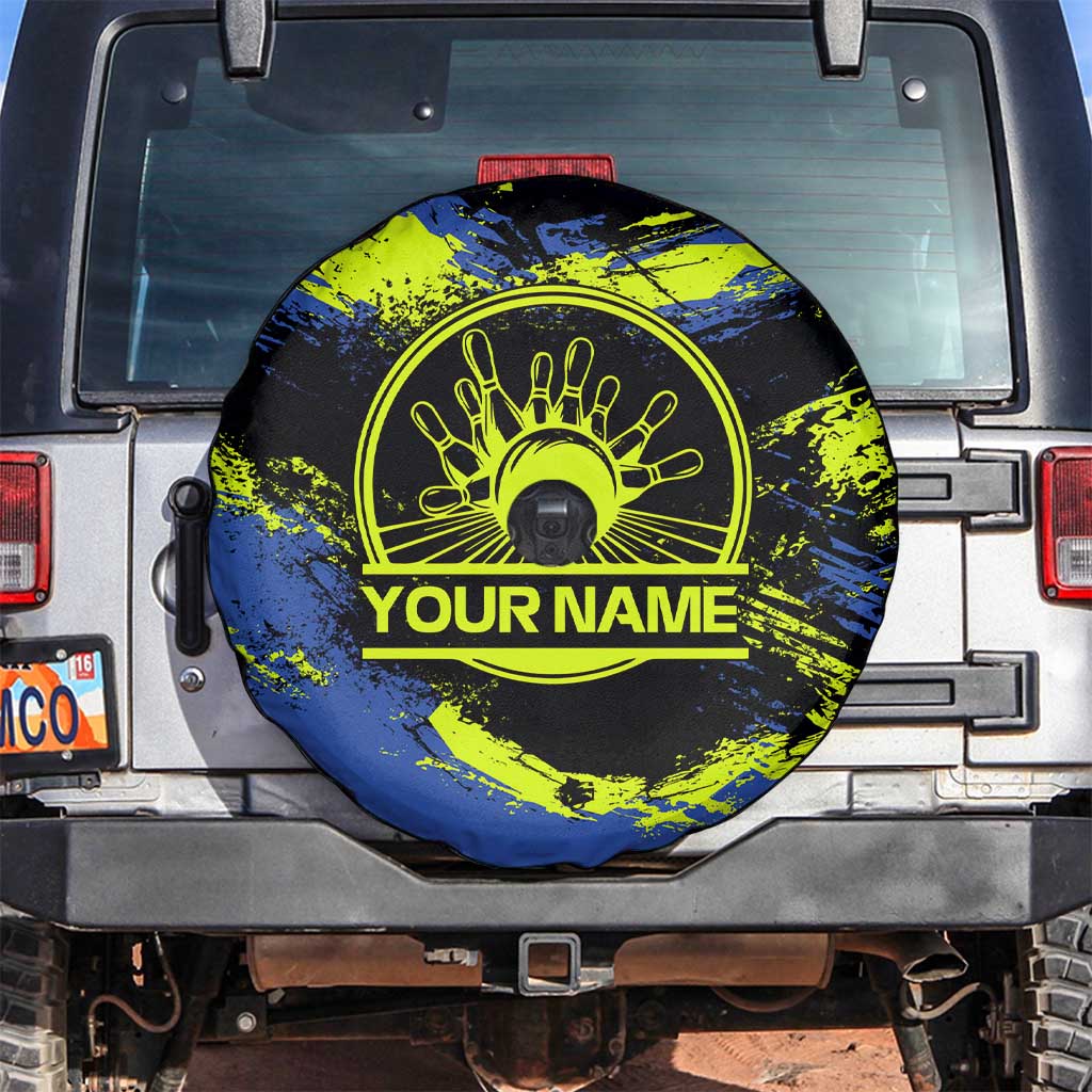 Abstract Blue and Yellow Bowling Ball Strike Design Spare Tire Cover with Custom Name Print TS04