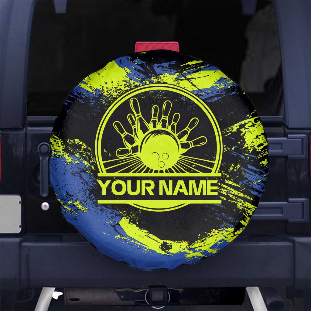 Abstract Blue and Yellow Bowling Ball Strike Design Spare Tire Cover with Custom Name Print TS04