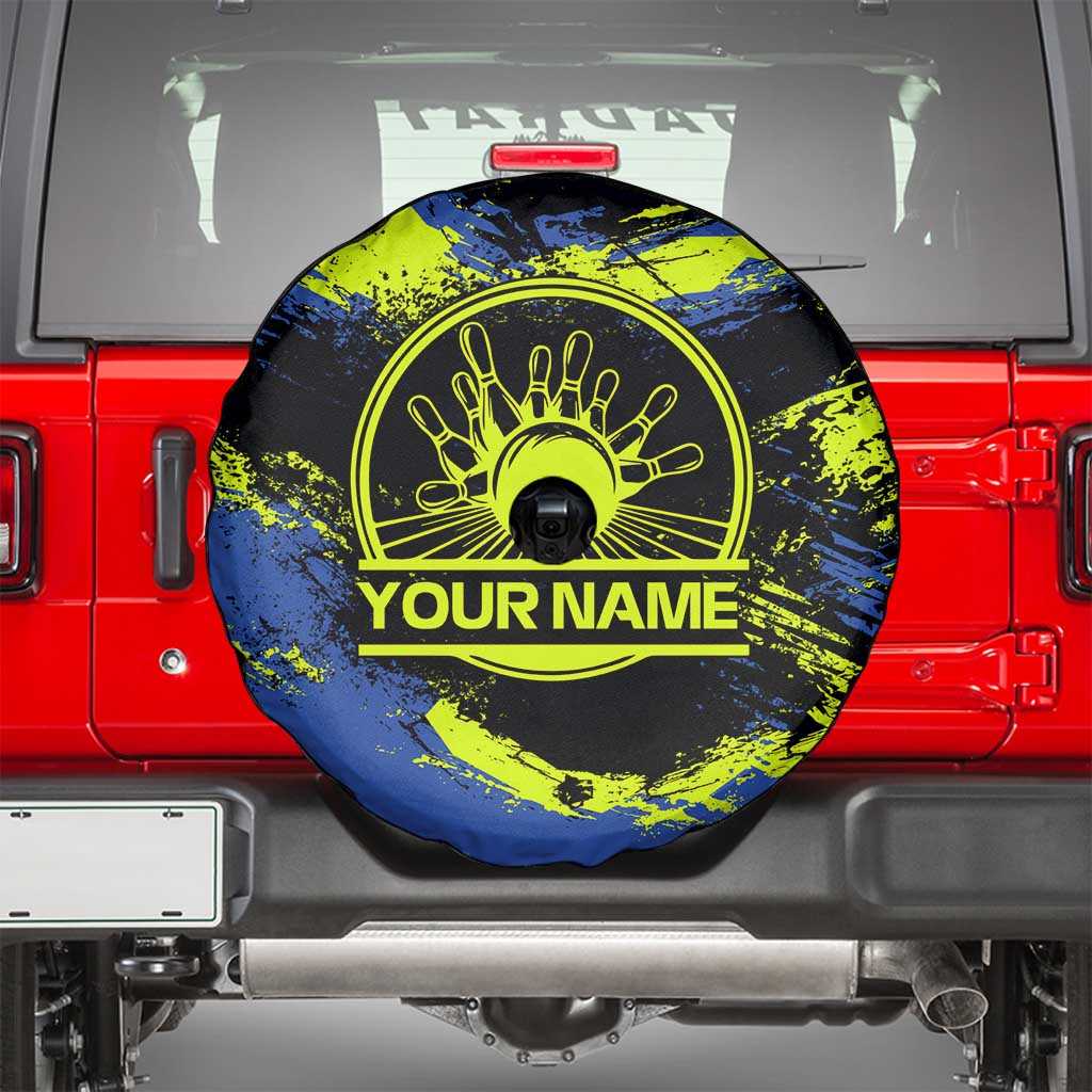 Abstract Blue and Yellow Bowling Ball Strike Design Spare Tire Cover with Custom Name Print TS04