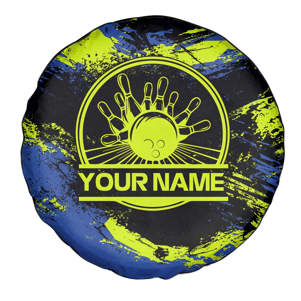 Abstract Blue and Yellow Bowling Ball Strike Design Spare Tire Cover with Custom Name Print TS04
