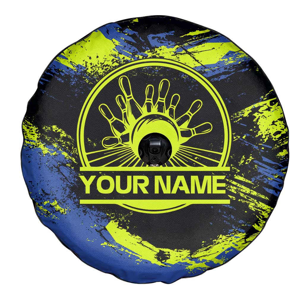 Abstract Blue and Yellow Bowling Ball Strike Design Spare Tire Cover with Custom Name Print TS04