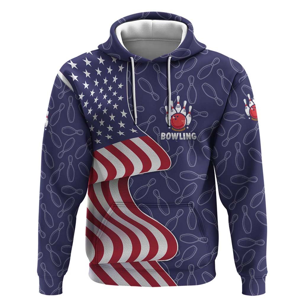 American Flag Bowling Pin Strike Graphic Hoodie with Custom Name and Pattern Background TS04