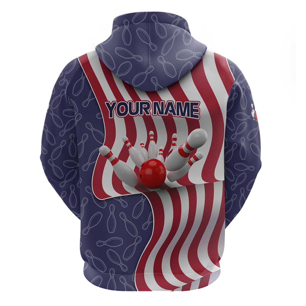 American Flag Bowling Pin Strike Graphic Hoodie with Custom Name and Pattern Background TS04