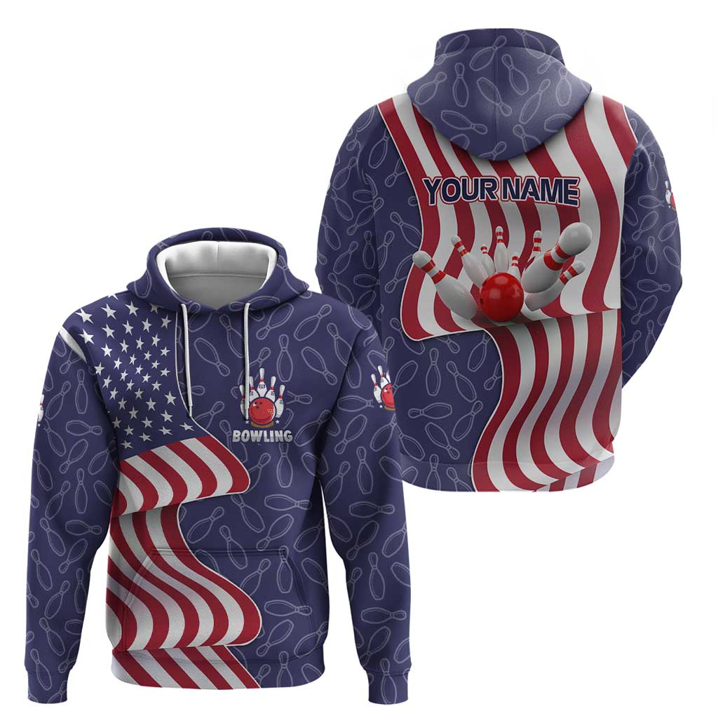 American Flag Bowling Pin Strike Graphic Hoodie with Custom Name and Pattern Background TS04