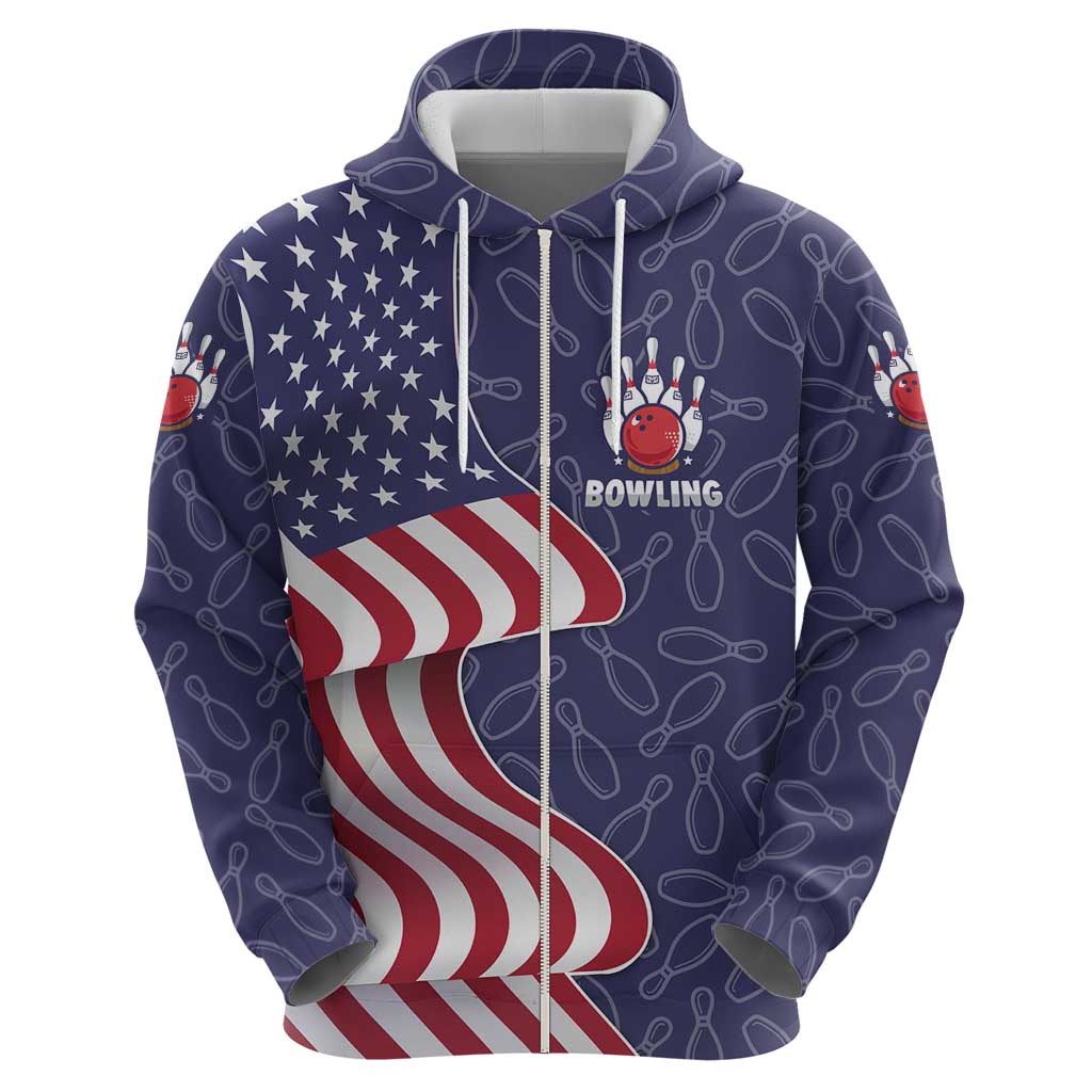 American Flag Bowling Pin Strike Graphic Hoodie with Custom Name and Pattern Background TS04