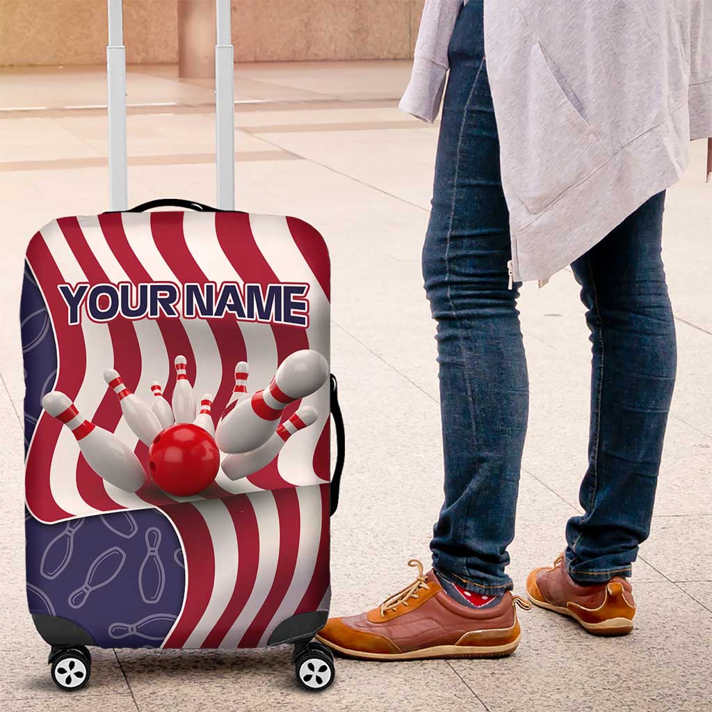 American Flag Bowling Pin Strike Graphic Luggage Cover with Custom Name and Pattern Background TS04