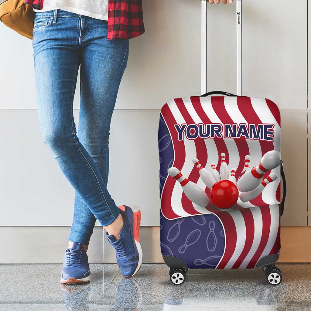 American Flag Bowling Pin Strike Graphic Luggage Cover with Custom Name and Pattern Background TS04