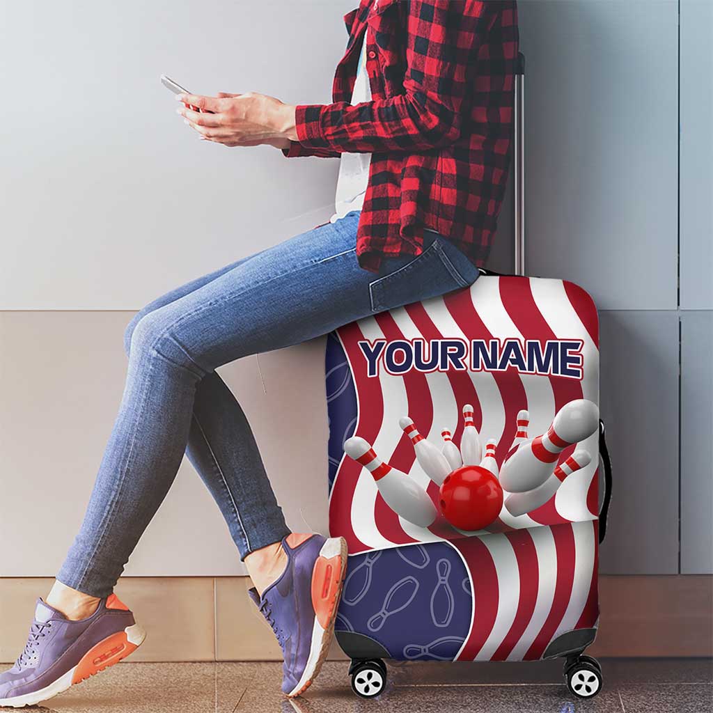 American Flag Bowling Pin Strike Graphic Luggage Cover with Custom Name and Pattern Background TS04