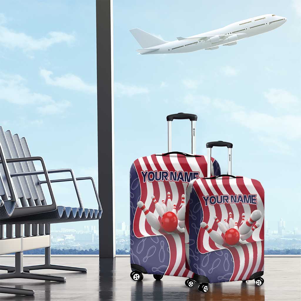 American Flag Bowling Pin Strike Graphic Luggage Cover with Custom Name and Pattern Background TS04