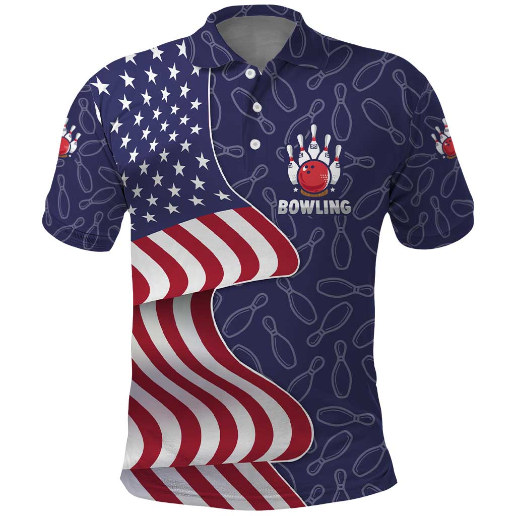 American Flag Bowling Pin Strike Graphic Polo Shirt with Custom Name and Pattern Background TS04