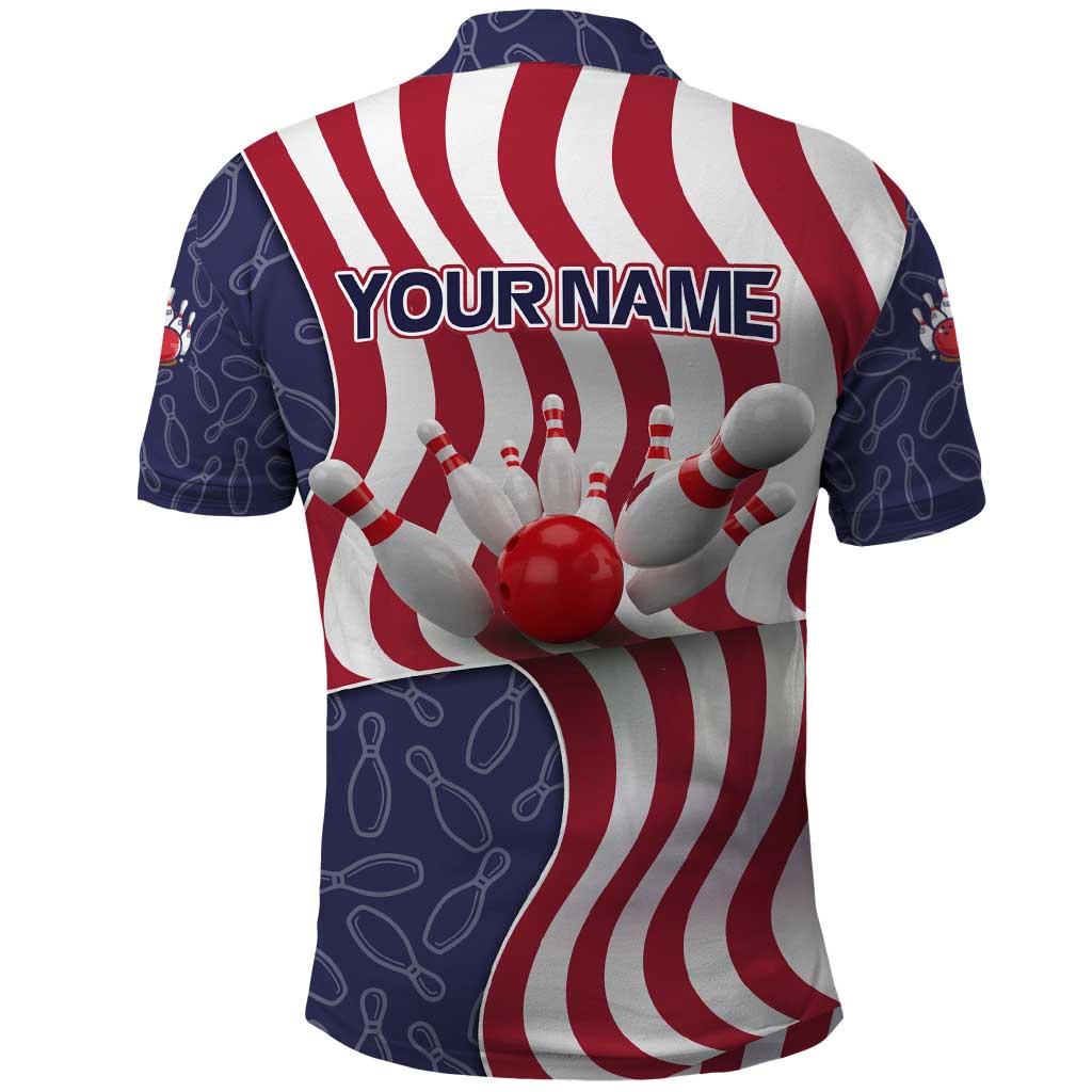 American Flag Bowling Pin Strike Graphic Polo Shirt with Custom Name and Pattern Background TS04