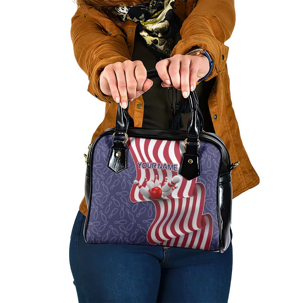 American Flag Bowling Pin Strike Graphic Shoulder Handbag with Custom Name and Pattern Background TS04