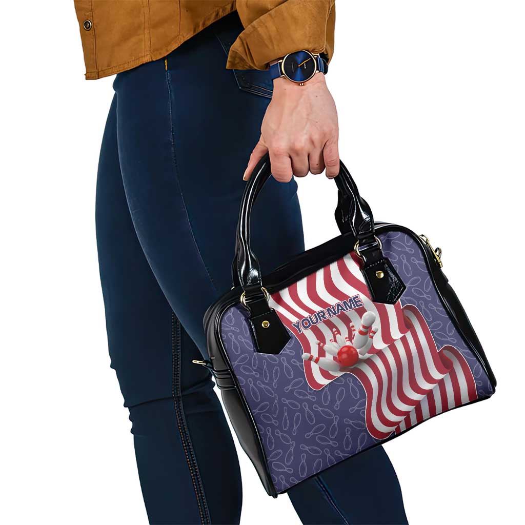 American Flag Bowling Pin Strike Graphic Shoulder Handbag with Custom Name and Pattern Background TS04