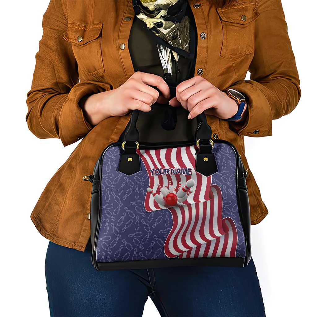 American Flag Bowling Pin Strike Graphic Shoulder Handbag with Custom Name and Pattern Background TS04
