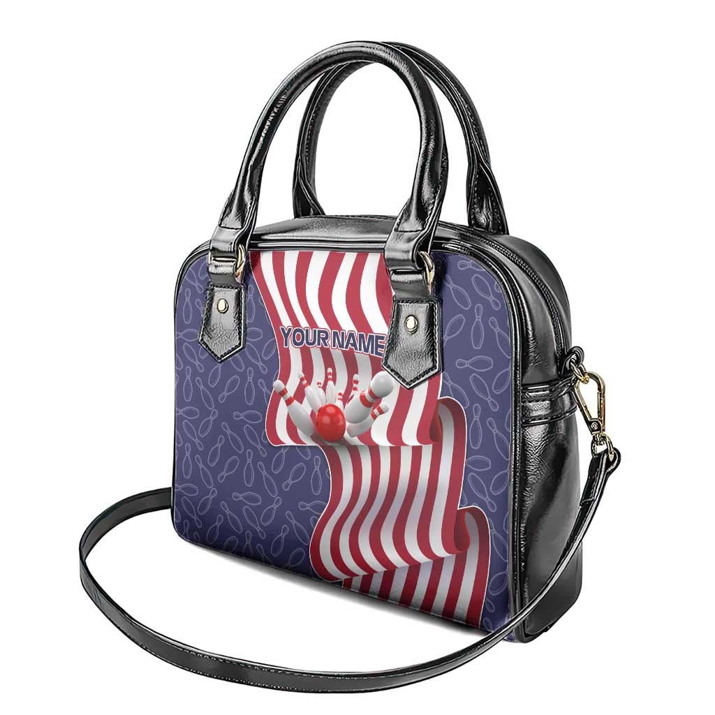 American Flag Bowling Pin Strike Graphic Shoulder Handbag with Custom Name and Pattern Background TS04