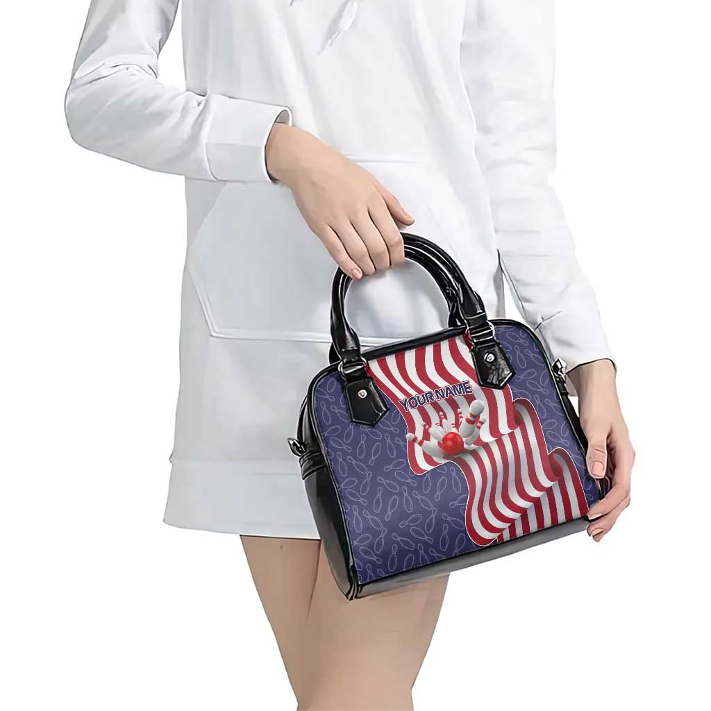 American Flag Bowling Pin Strike Graphic Shoulder Handbag with Custom Name and Pattern Background TS04