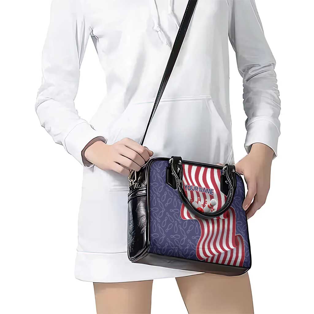 American Flag Bowling Pin Strike Graphic Shoulder Handbag with Custom Name and Pattern Background TS04