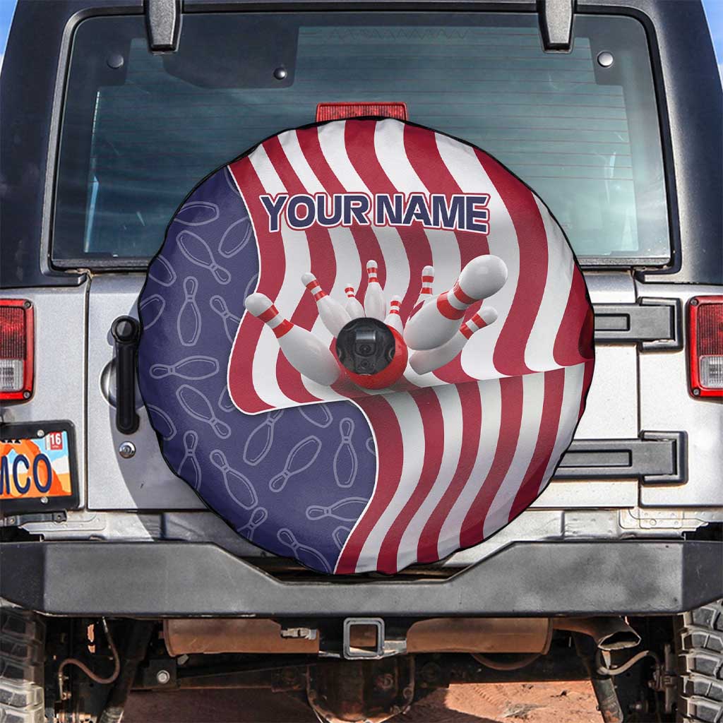 American Flag Bowling Pin Strike Graphic Spare Tire Cover with Custom Name and Pattern Background TS04