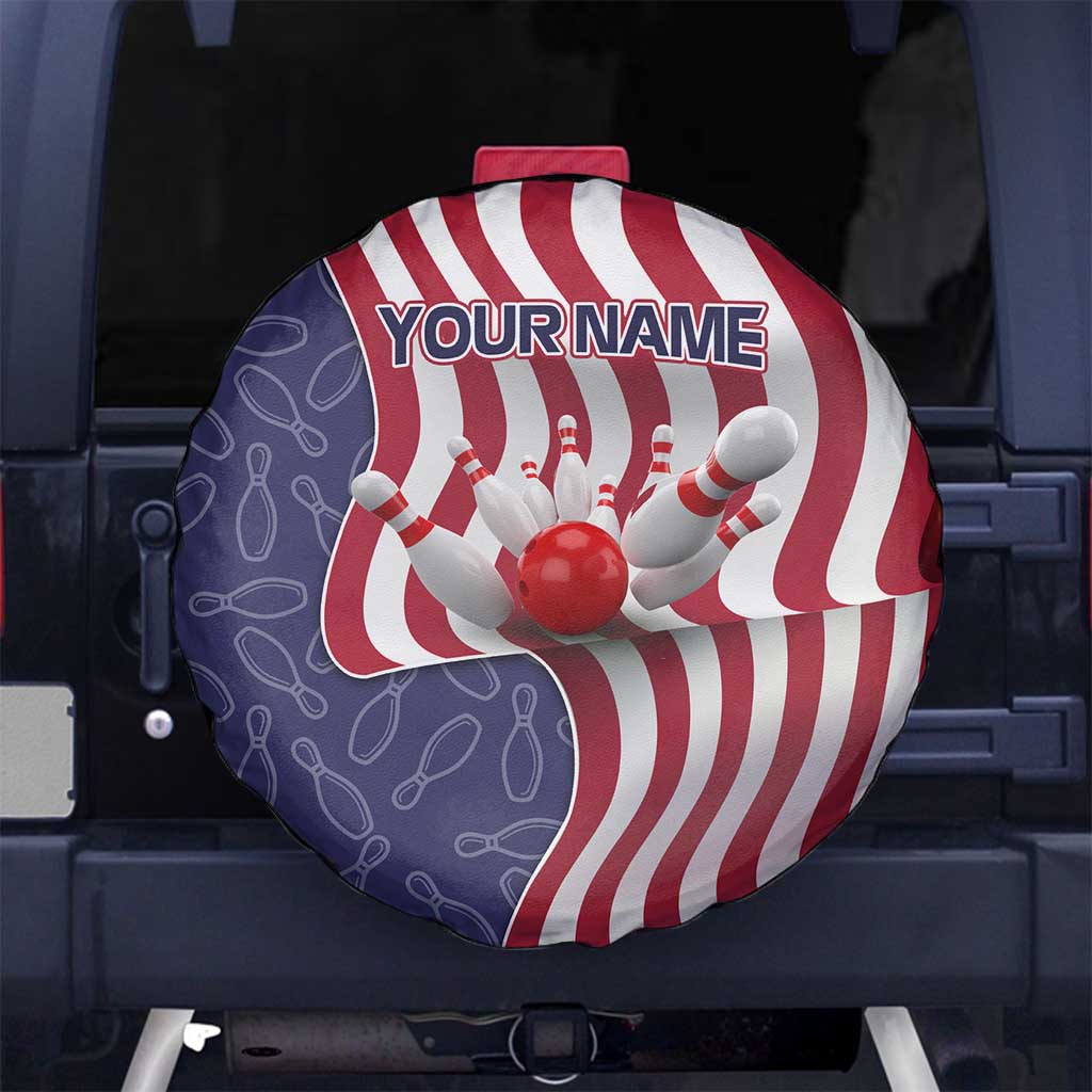 American Flag Bowling Pin Strike Graphic Spare Tire Cover with Custom Name and Pattern Background TS04