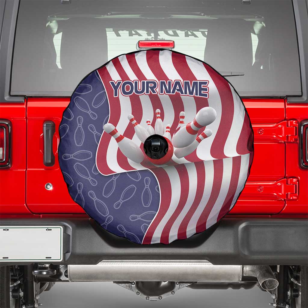American Flag Bowling Pin Strike Graphic Spare Tire Cover with Custom Name and Pattern Background TS04