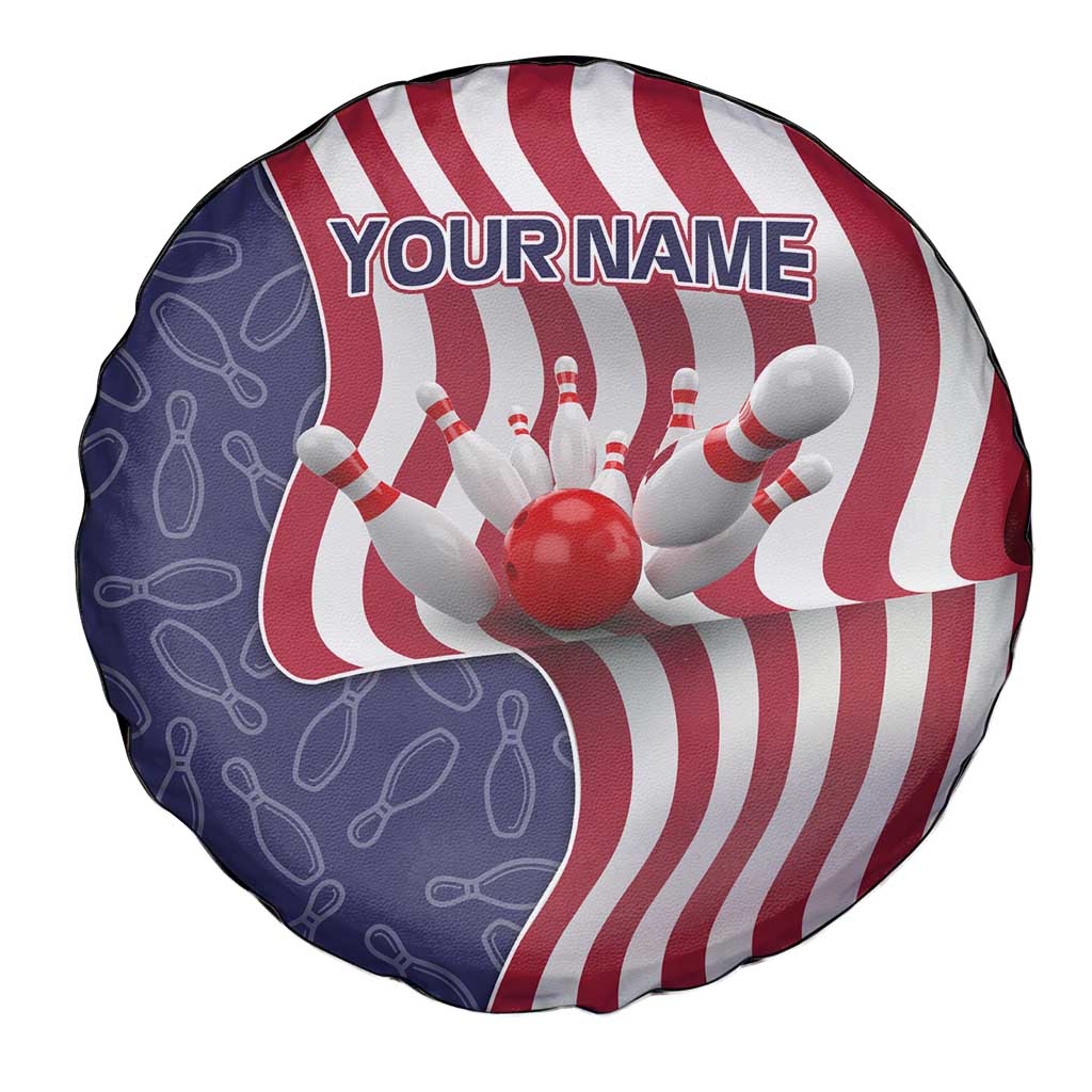 American Flag Bowling Pin Strike Graphic Spare Tire Cover with Custom Name and Pattern Background TS04