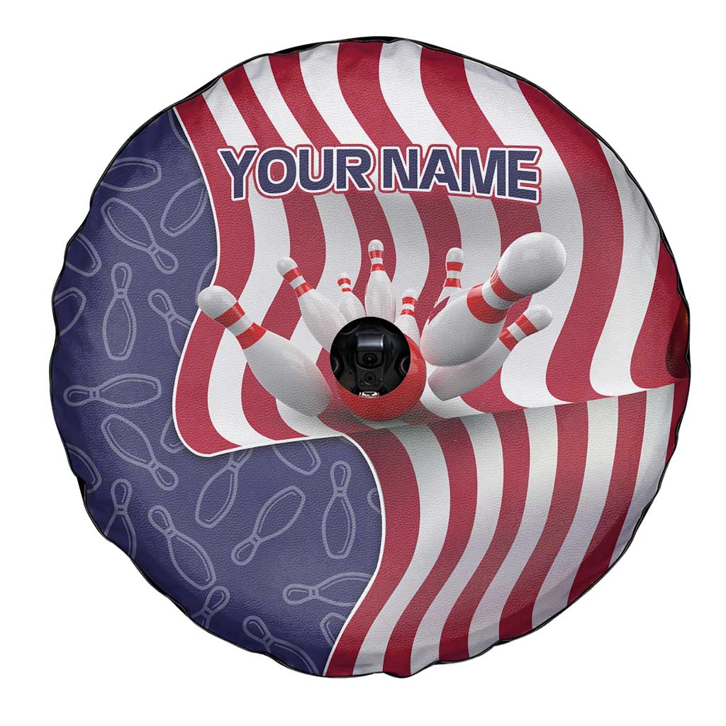 American Flag Bowling Pin Strike Graphic Spare Tire Cover with Custom Name and Pattern Background TS04