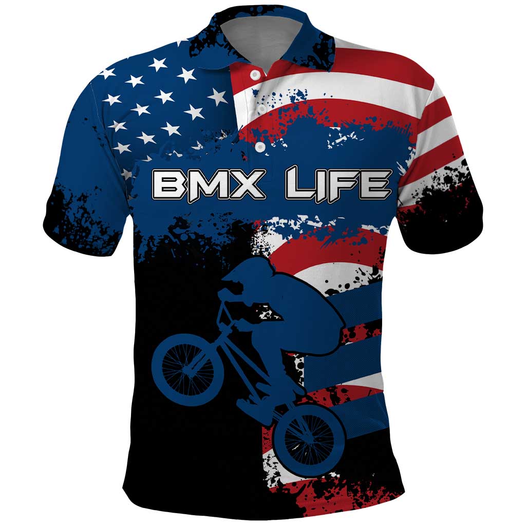 BMX Life Graphic Polo Shirt with American Flag and Custom Rider Number Design TS04
