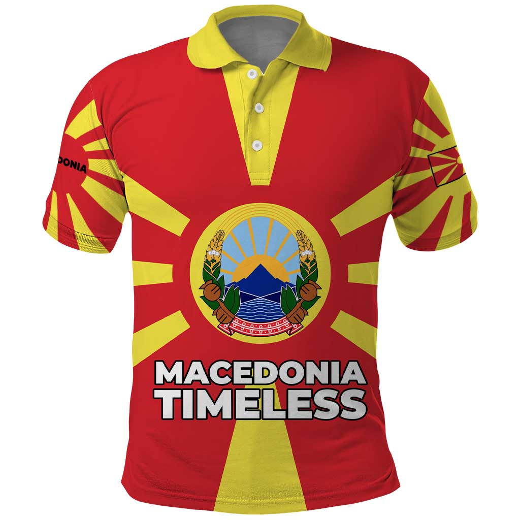 Macedonia Polo Shirt with National Emblem and Sunburst Flag Design TS04