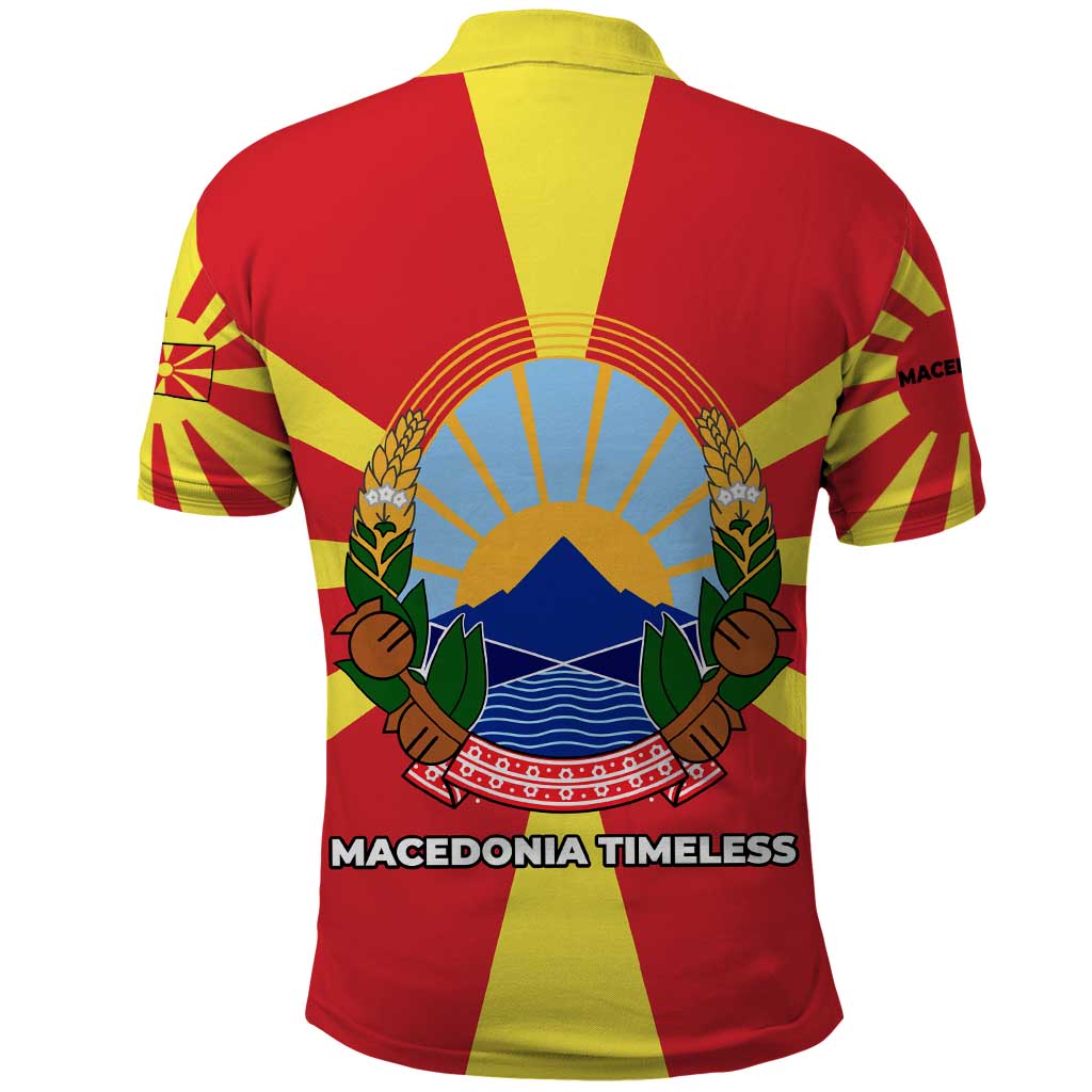 Macedonia Polo Shirt with National Emblem and Sunburst Flag Design TS04