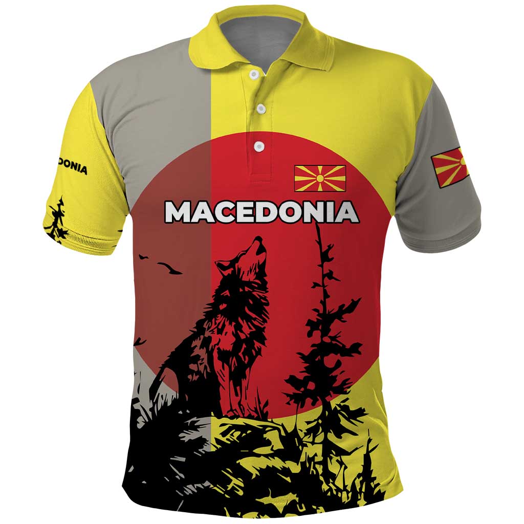 Macedonia Polo Shirt with Howling Wolf and Sunset Forest Design TS04