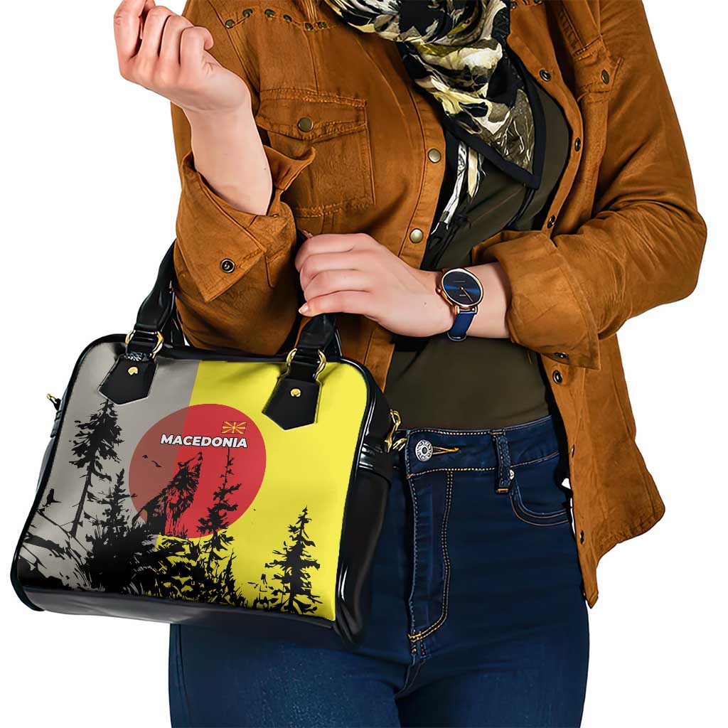 Macedonia Shoulder Handbag with Howling Wolf and Sunset Forest Design TS04