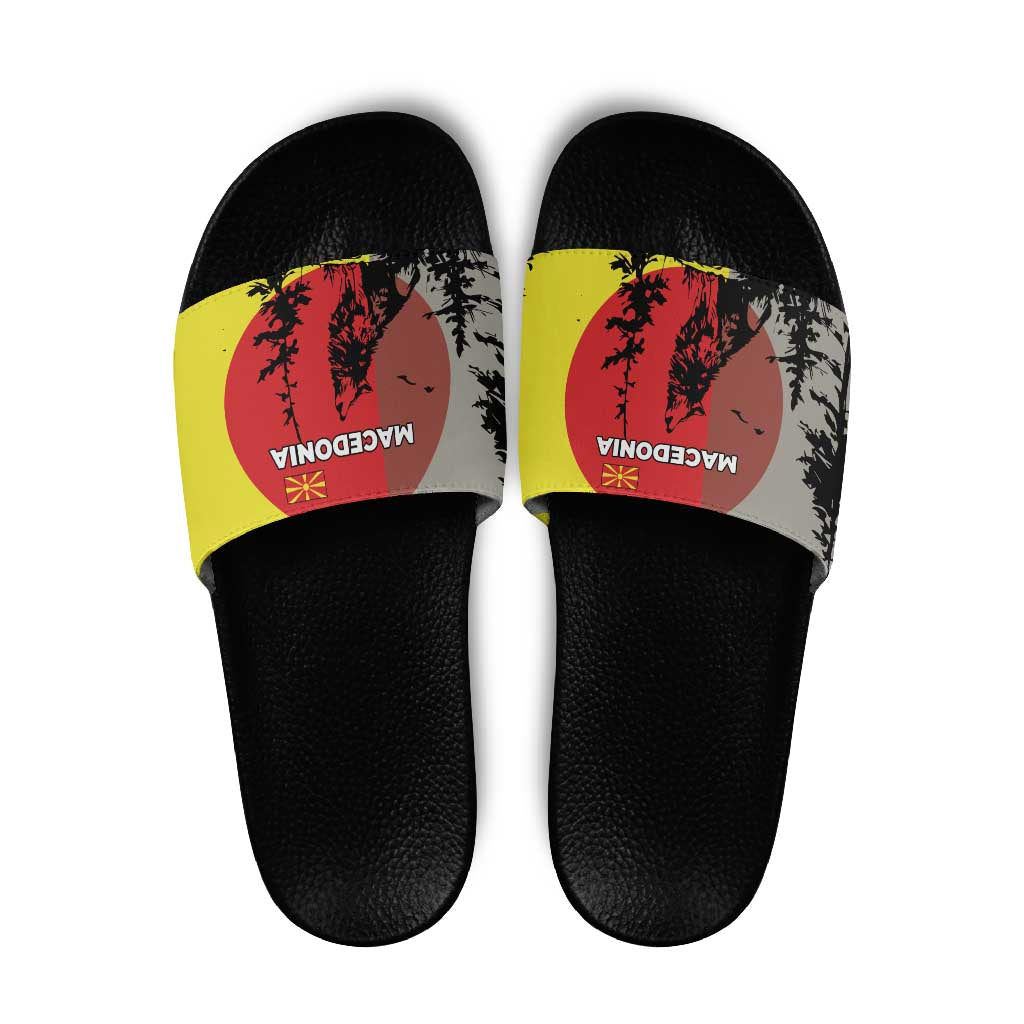 Macedonia Slide Sandals with Howling Wolf and Sunset Forest Design TS04