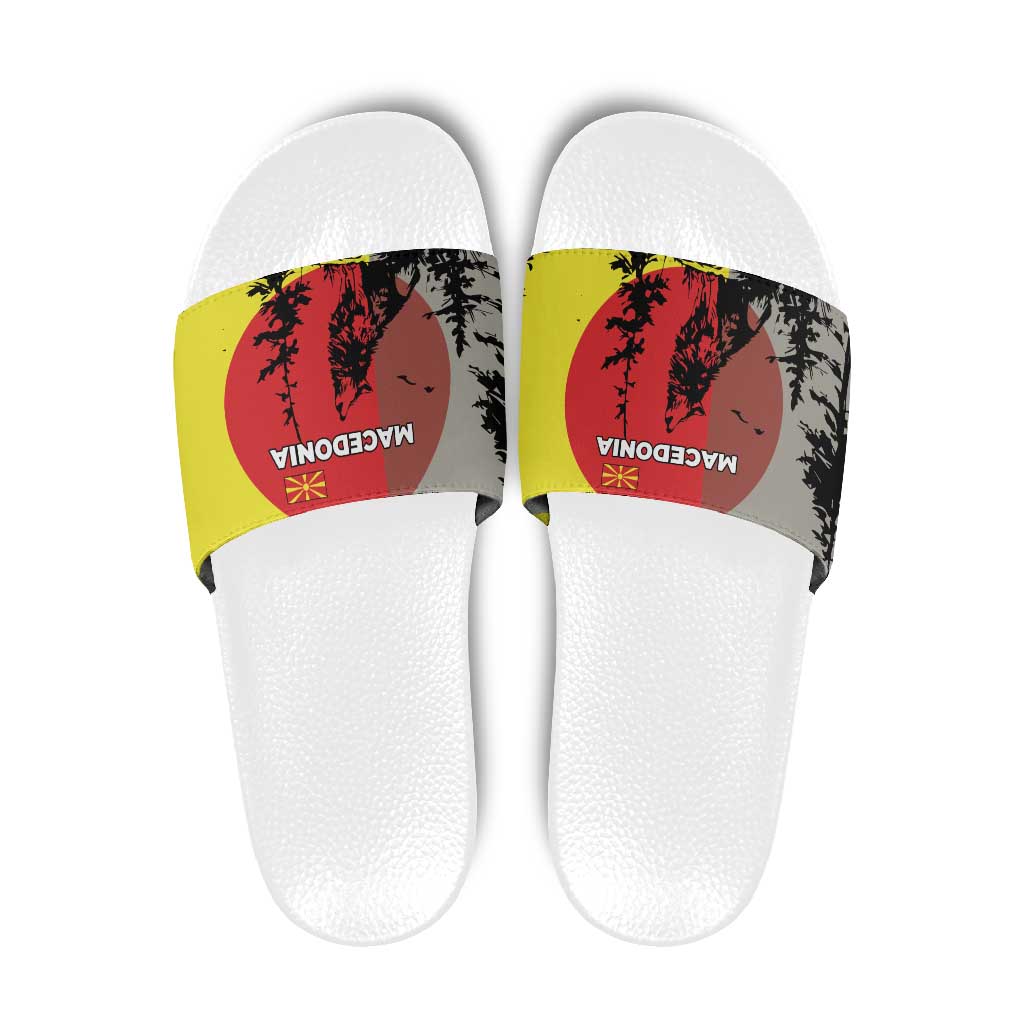 Macedonia Slide Sandals with Howling Wolf and Sunset Forest Design TS04