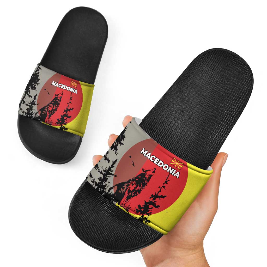 Macedonia Slide Sandals with Howling Wolf and Sunset Forest Design TS04