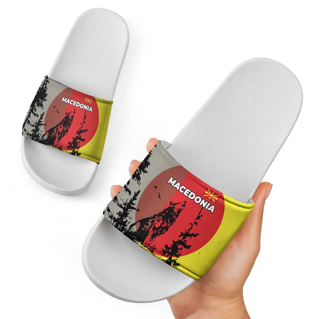 Macedonia Slide Sandals with Howling Wolf and Sunset Forest Design TS04
