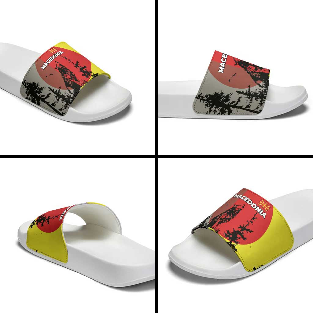 Macedonia Slide Sandals with Howling Wolf and Sunset Forest Design TS04