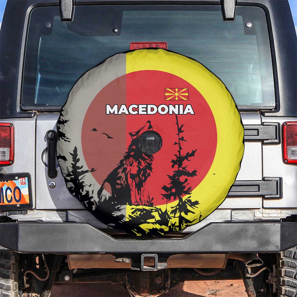 Macedonia Spare Tire Cover with Howling Wolf and Sunset Forest Design TS04