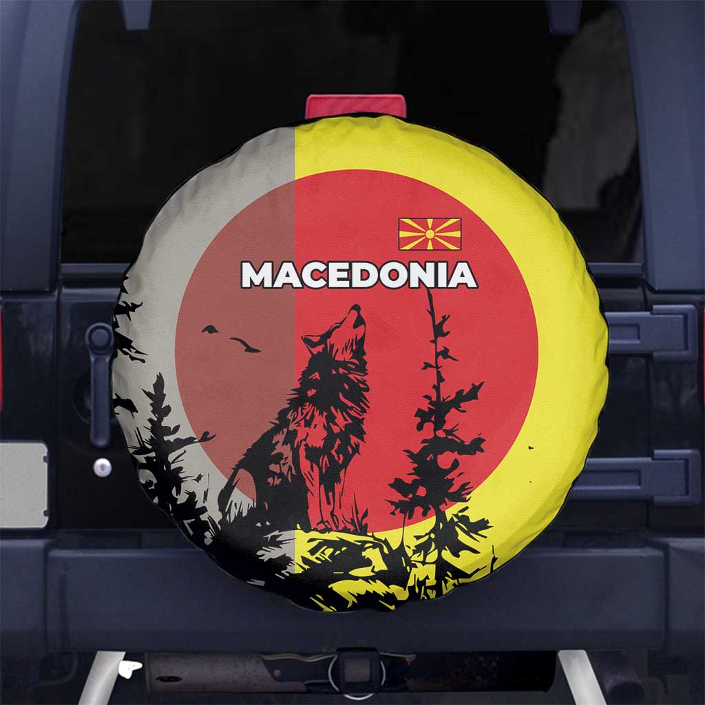 Macedonia Spare Tire Cover with Howling Wolf and Sunset Forest Design TS04