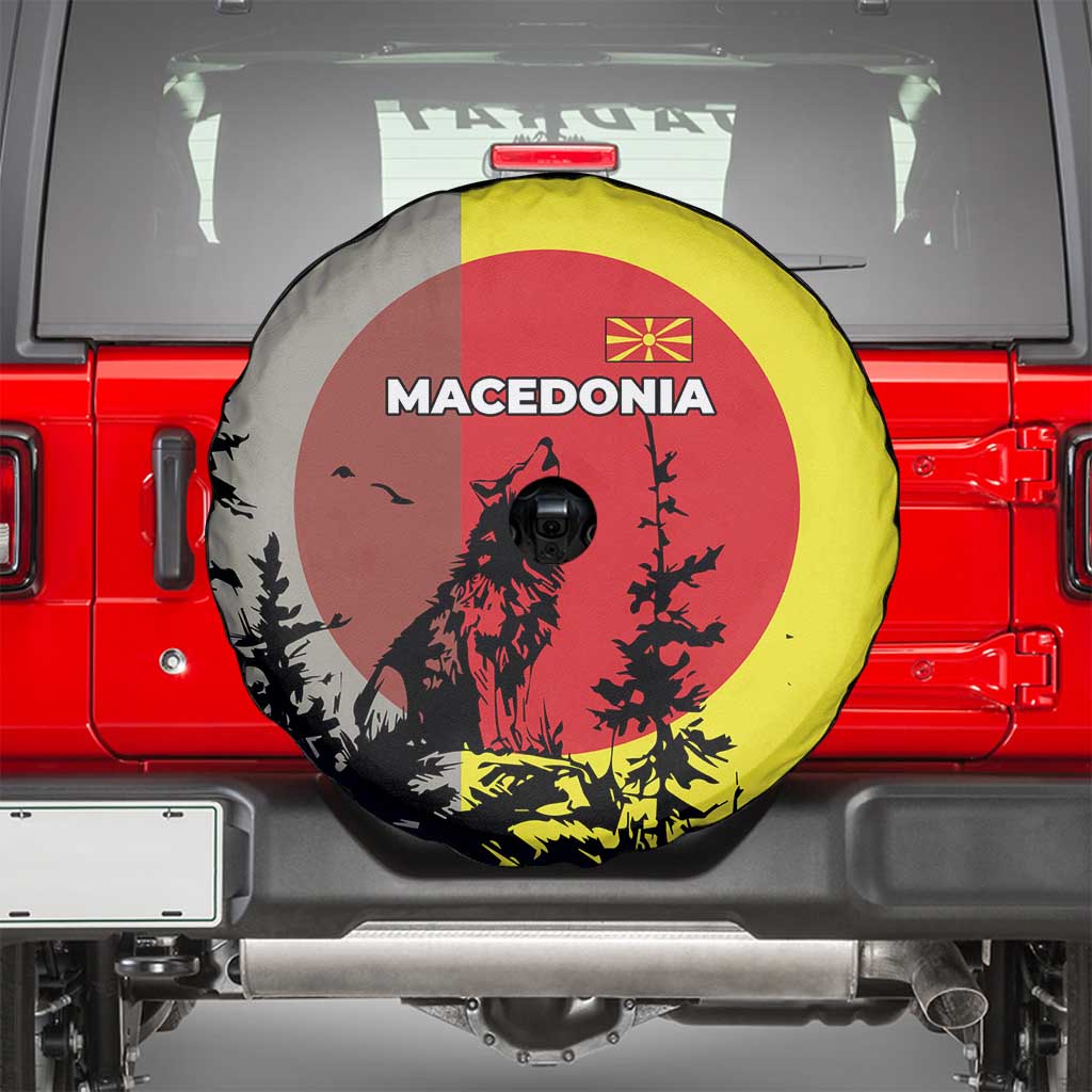 Macedonia Spare Tire Cover with Howling Wolf and Sunset Forest Design TS04